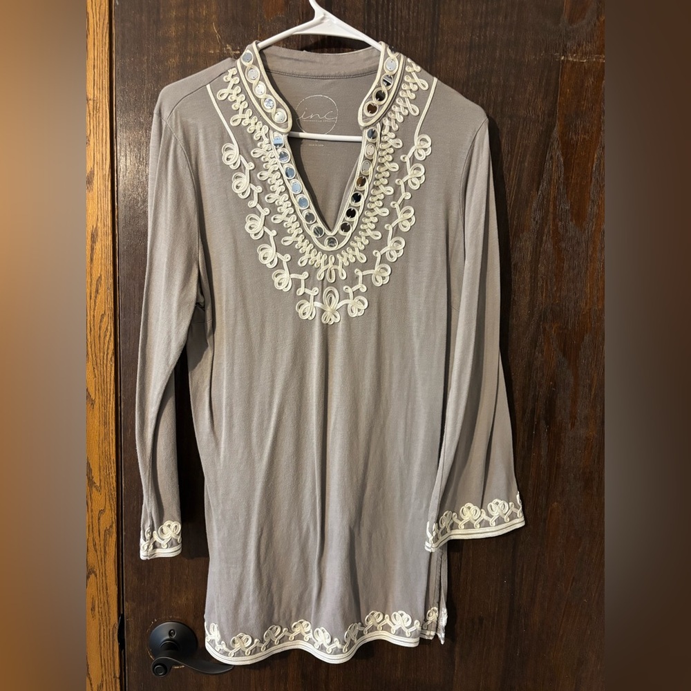 INC International Concepts Women's Taupe Embroidered Tunic